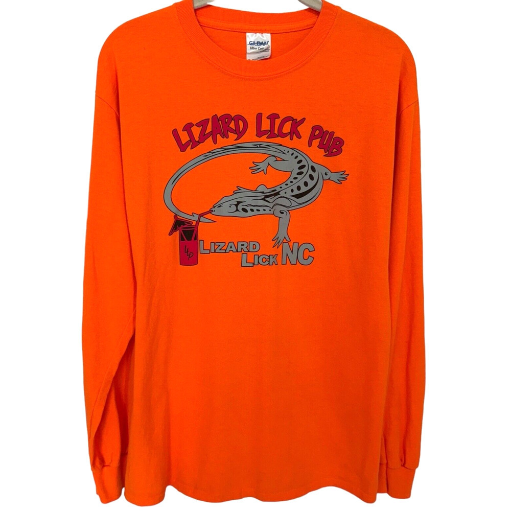 Lizard Lick Pub NC Tee Shirt Sz M Double Sided Graphic Orange Multi Long Sleeve